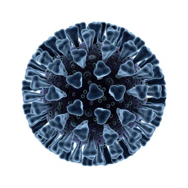 Coronavirus hastalığının detaylı elektronik mikroskop simülasyonu. Covid-19 enfeksiyon 3D. Çin patojen solunum gribi virüsünün beyaz arka planda izole edilmiş hali.