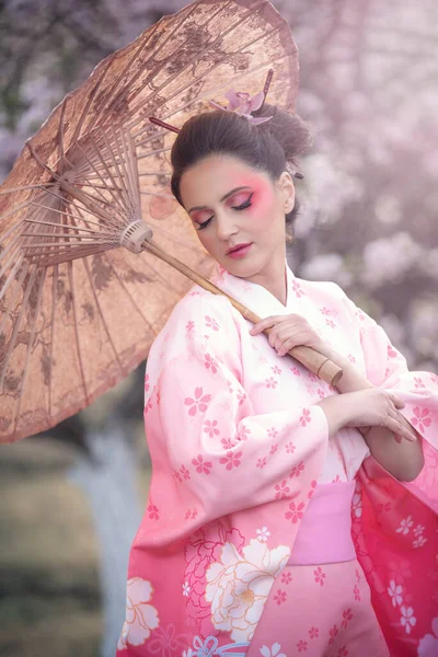 Beuatiful Girl Japanese Traditional Kimono Orchard Spring Stock Picture