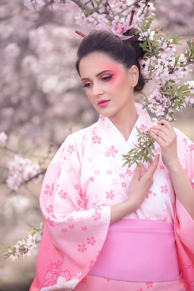 Beuatiful Girl Japanese Traditional Kimono Peach Orchard Spring Royalty Free Stock Photos