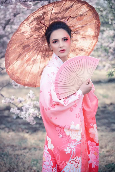 Beuatiful Girl Wearing Japanese Traditional Kimono Umbrella Orchard Spring Stock Photo