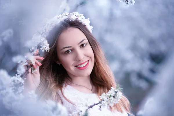 Happy Smiling Pretty Young Woman Spring Flowers Almond Garden Royalty Free Stock Images