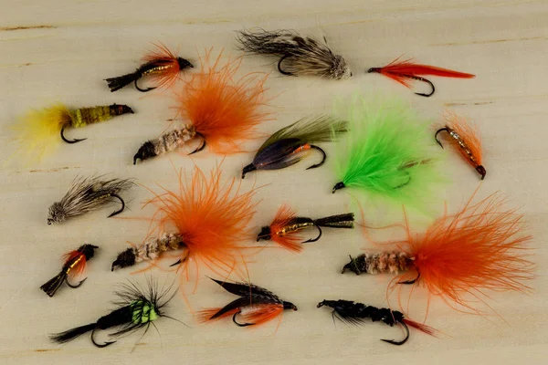 Trout Reservoir Lures on a Wooden Background — Stock Photo, Image