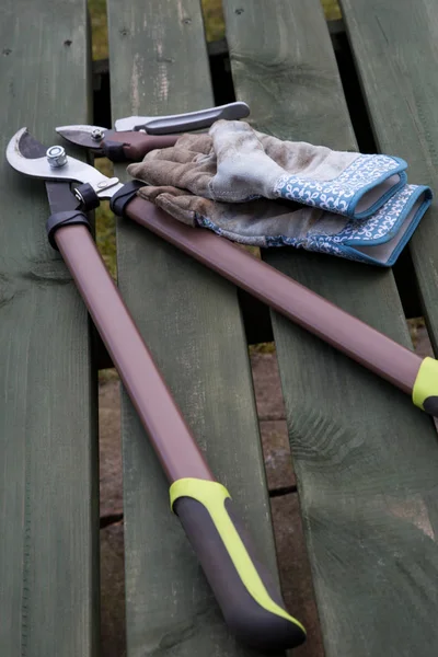 木凳上的园艺工具和手套 — 图库照片