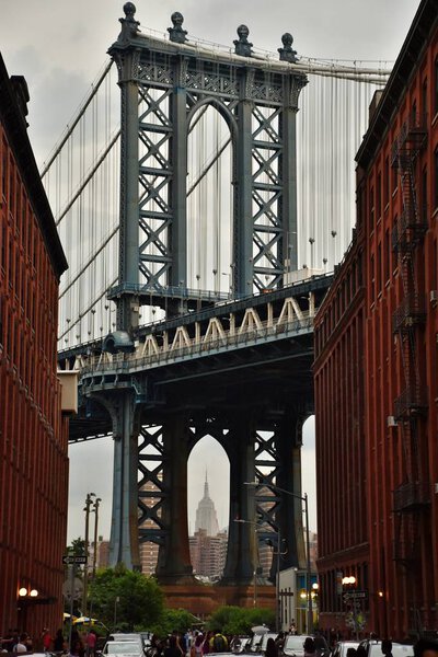Brooklyn, USA - July 1, 2017: The Manhattan Bridge from the DUMBO (Down Under the Manhattan Bridge Overpass) neighborhood of Brooklyn.