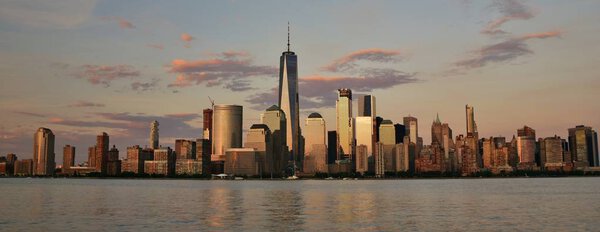 The Freedom Tower, World Financial Center, and the skyline of downtown Manhattan from Jersey City.