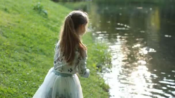 一个十几岁的女孩在湖岸边玩耍 高兴和休息 夏日公园与美丽的湖泊 孩子走在池塘岸边 — 图库视频影像