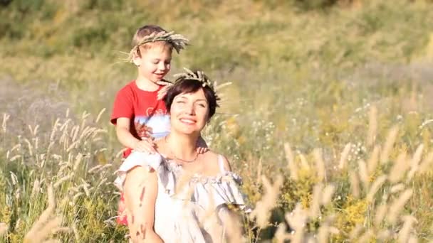 Vacanza Famiglia Nella Natura Madre Figlio Passeggiano Nel Campo Estivo — Video Stock