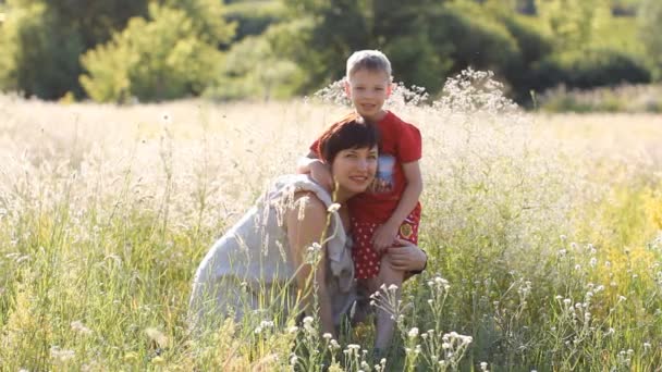 Family Holiday Nature Mother Son Stroll Summer Field Sunny Day — Stock Video