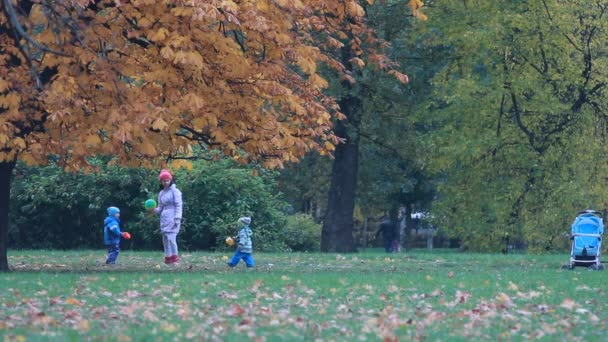 Podzimní Krajina Park Velkém Městě Zlatý Podzim Žena Dětmi Projít — Stock video