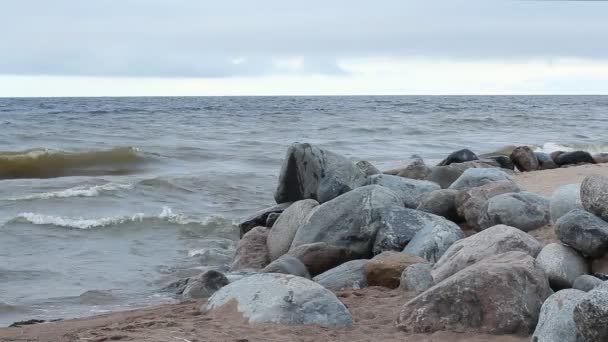 浜辺の石 夏の日の海の海岸に海景 灰色の岩 — ストック動画