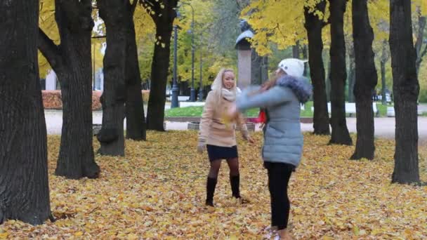 Familienurlaub Herbstpark Eine Junge Frau Und Ihre Halbwüchsige Tochter Laufen — Stockvideo