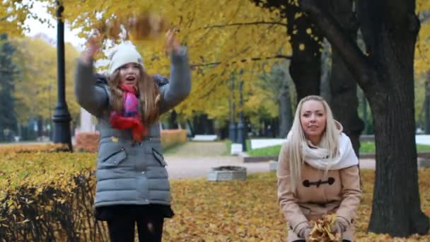 Familienurlaub Herbstpark Eine Junge Frau Und Ihre Halbwüchsige Tochter Laufen — Stockvideo