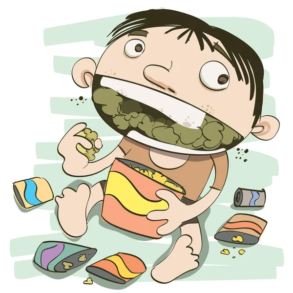 Мальчик ест слишком много закусок . — стоковый вектор