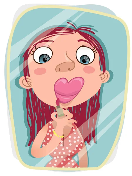 Girl using lipstick. — Stock Vector