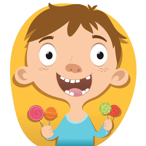 Smiling boy holding candy. — Stock Vector
