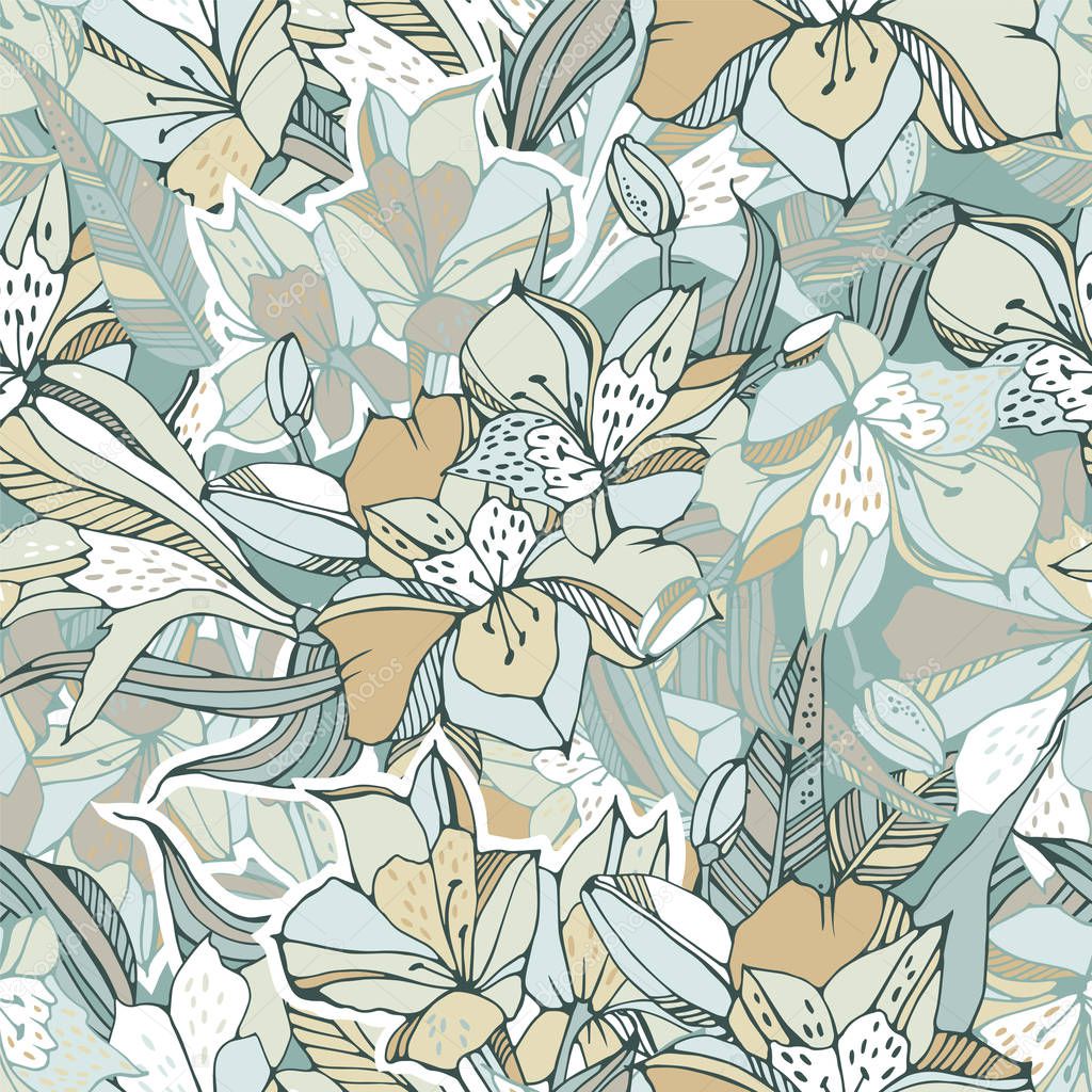 Tropical seamless pattern with peruvian lilies