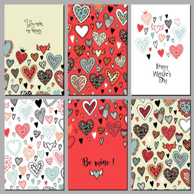 Sevgililer günü kartpostal kümesi. Çizilmiş vektör çizim el.