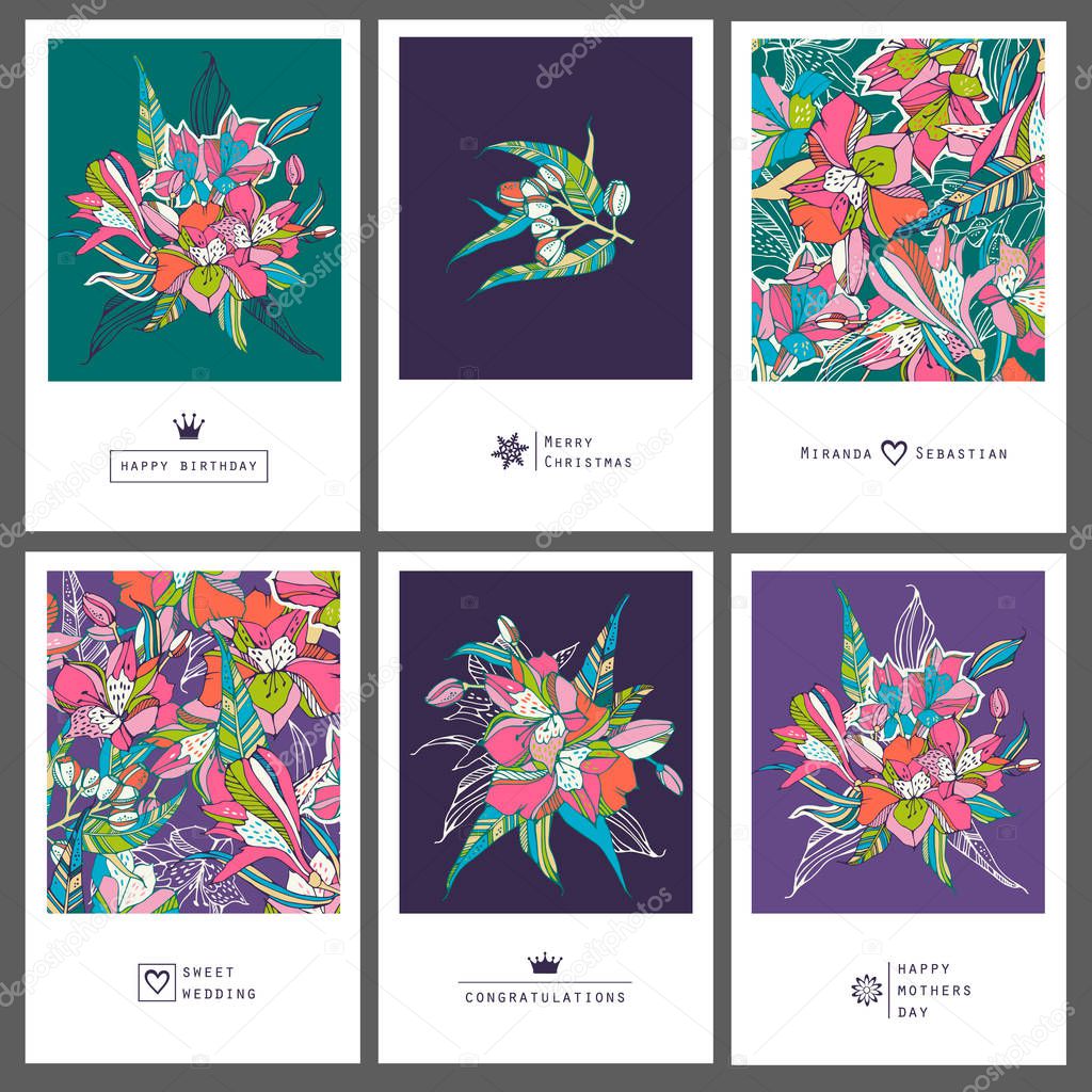 Set of tropical greeting flyers with lilies