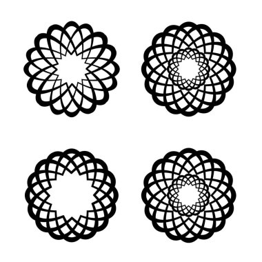 Çember geometrik simetrik süslemeler. Tek renkli yuvarlak süslemeli logo şekilleri.