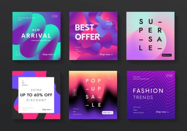 Modern satış afişleri seti. Moda sıvısı gradyanı ve sıvı renk arkaplanı. Gelecekçi tanıtım posterleri vektör tasarımı.