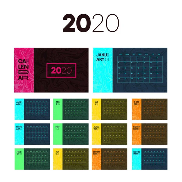 Abstrakt 2020 Färgglada Kalender Vektor Design Horisontell Modern Kalender Mall — Stockfoto