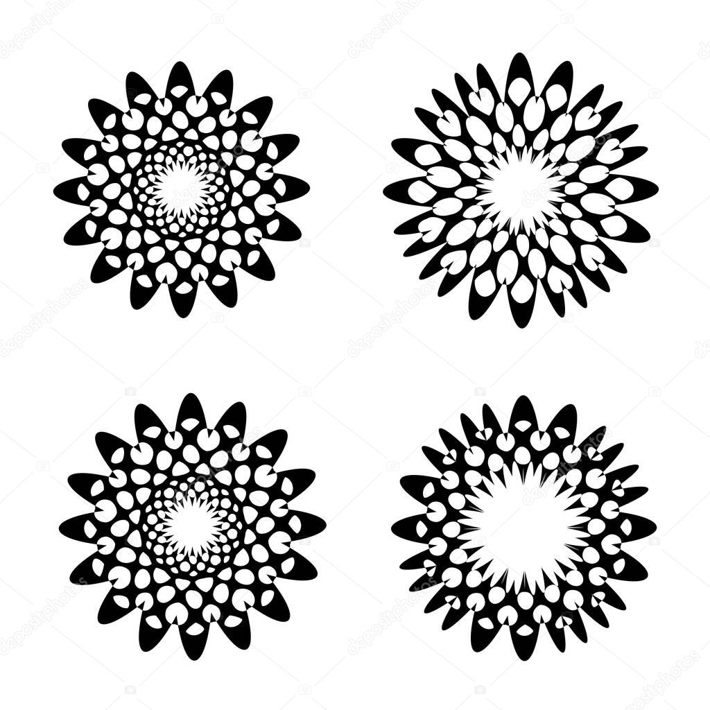 Set of circle flower ornaments vector design. Symetrical mandala symbols. Modern geometric shapes for logo icons.