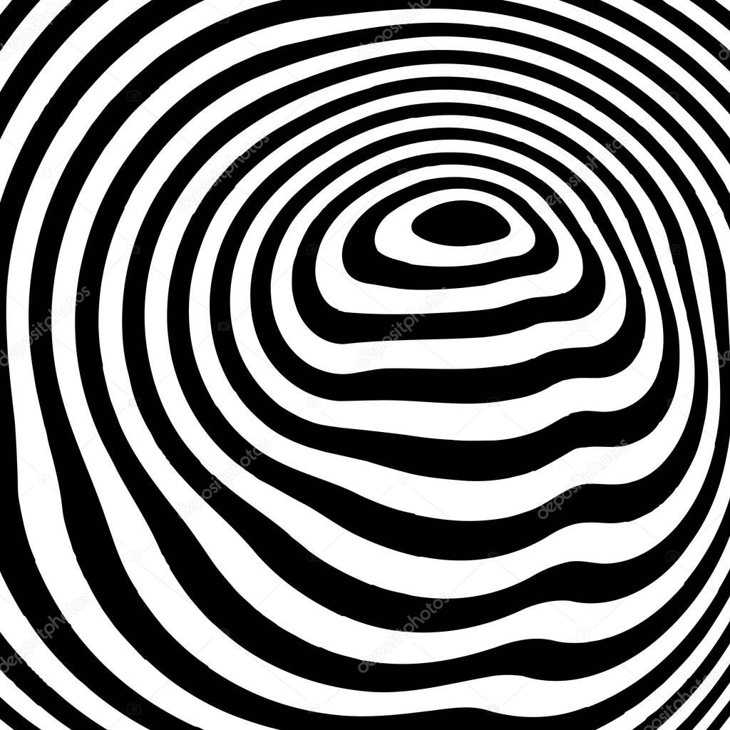 Abstract optical illusion background vector design. Psychedelic striped black and white backdrop. Hypnotic pattern.