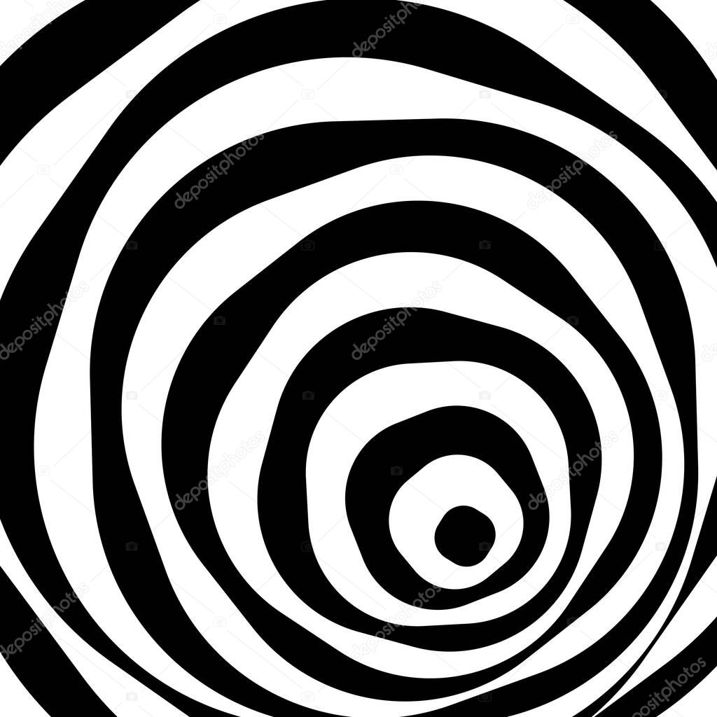 Abstract optical illusion background vector design. Psychedelic striped black and white backdrop. Hypnotic pattern.