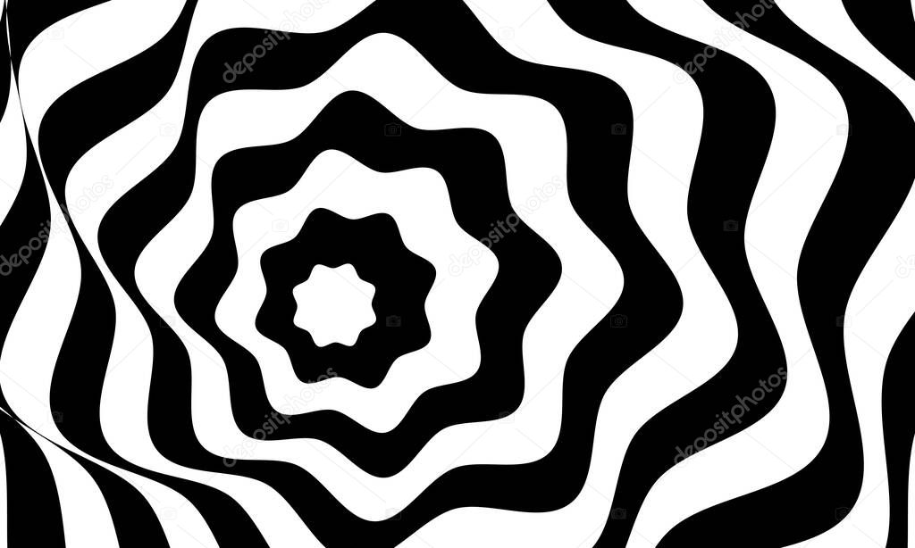 Abstract optical illusion background vector design. Psychedelic striped black and white backdrop. Hypnotic pattern.