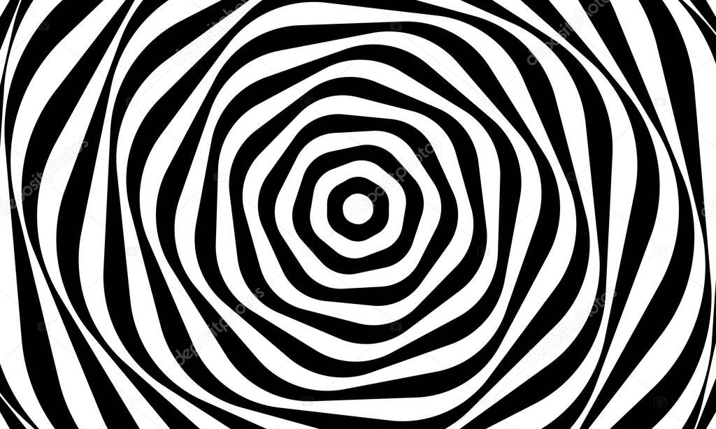 Abstract optical illusion background vector design. Psychedelic striped black and white backdrop. Hypnotic pattern.