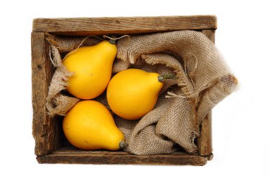 çuval bezi üzerinde beyaz bir arka plan üzerinde dekoratif kabaklar