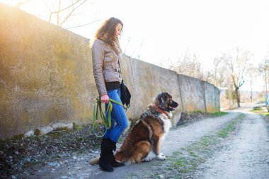 Kafkas çoban köpeği ile oynayan kız sonbahar