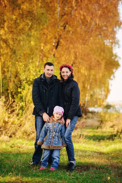 小的孩子，在金色的秋天城市公园的年轻家庭，父母 — 图库照片