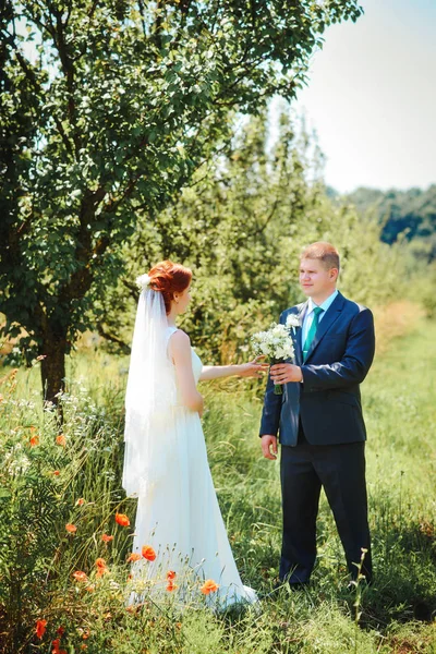 Onlar Park yol boyunca yürüyüş yaparken gelin ve damat elleri kaldığımız. — Stok fotoğraf