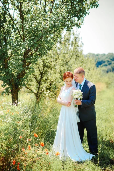 Onlar Park yol boyunca yürüyüş yaparken gelin ve damat elleri kaldığımız. — Stok fotoğraf