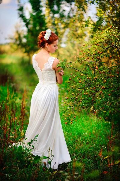 Mulher loira bonita nova no jardim florescendo. Noiva. . — Fotografia de Stock