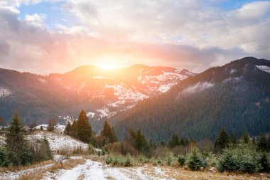 Doğal kış görünümü Karpat dağın zirvesinde