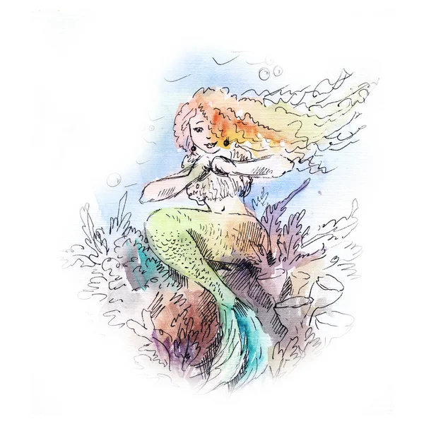 Mermaid watercolor portrait — Stock fotografie