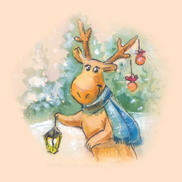 圣诞前夜卡通艺术。微笑鹿，水彩绘画。适用于 f — 图库照片