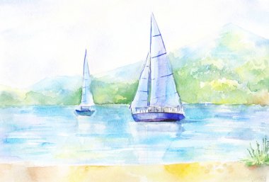 Işık manzara suluboya. Nehri üzerinde bir yelkenli ile resim