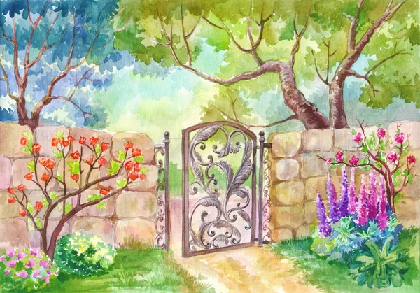 Watercolor landscape, The gate to the garden. A sunny day, a gar — Stock Photo, Image
