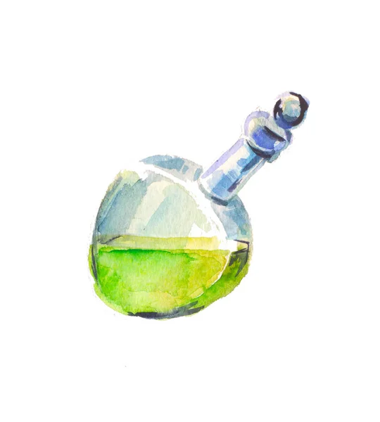 Glass Bottle with Magic Potion. Green healthy drink in watercolo — Stock Photo, Image