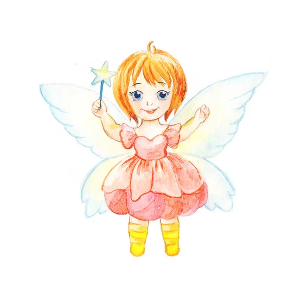 妖精の衣装の女の子。翼と、マグとドレスの文字 — ストック写真