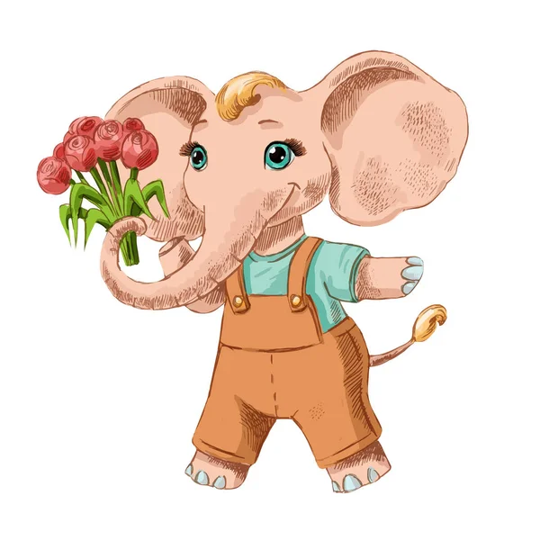 Lucu sketsa gajah kecil dengan bunga . - Stok Vektor
