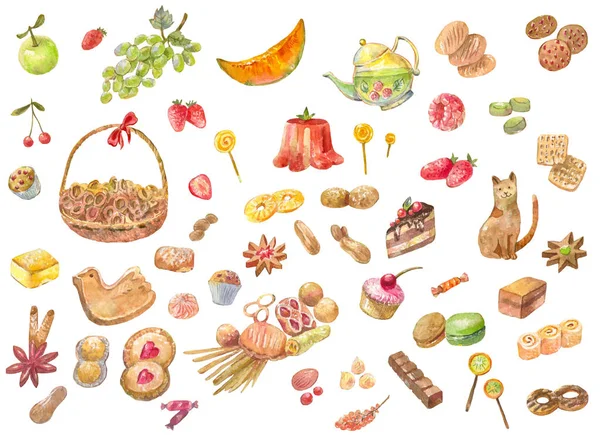 Μεγάλο σύνολο ακουαρέλα φρούτα, προϊόντα αρτοποιίας, γλυκά, καραμέλα, ca — Φωτογραφία Αρχείου