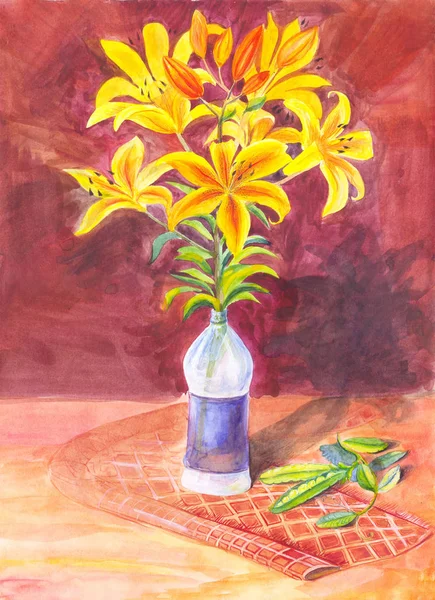 Bouquet di gigli gialli dipinti ad acquerello. Natura morta, su — Foto Stock