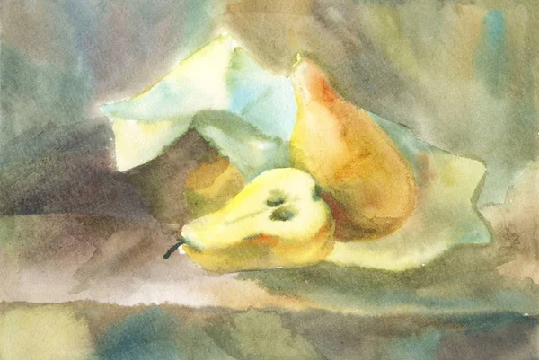 Bodegón acuarela con peras y un trozo de papel. Pintura —  Fotos de Stock