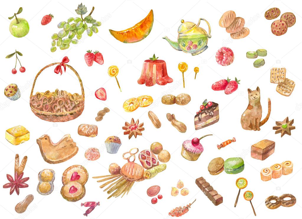 Big set of watercolor fruits, bakery products, sweets, candy, ca
