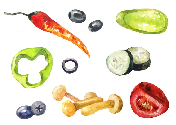 Zöldségeket és a gombát, akvarell — Stock Fotó
