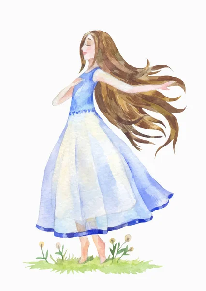 Jeune fille avec ses cheveux dansé sur l'herbe — Image vectorielle